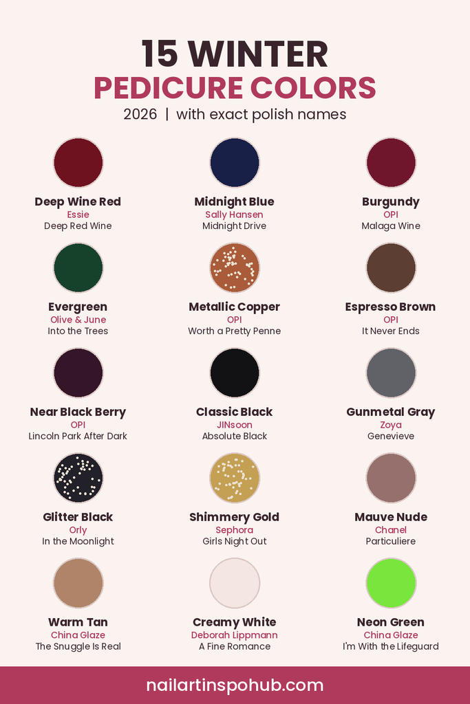15 Winter Pedicure Colors You Need to Try in 2026 (With Exact Shade Names) winter pedicure colors 2026 swatch chart
